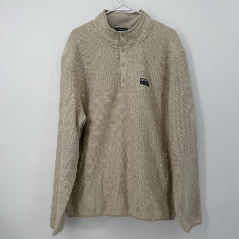 Eddie Bauer Sweater Men's Fleece Snap Pullover Size XL Beige Mockneck Outdoor
